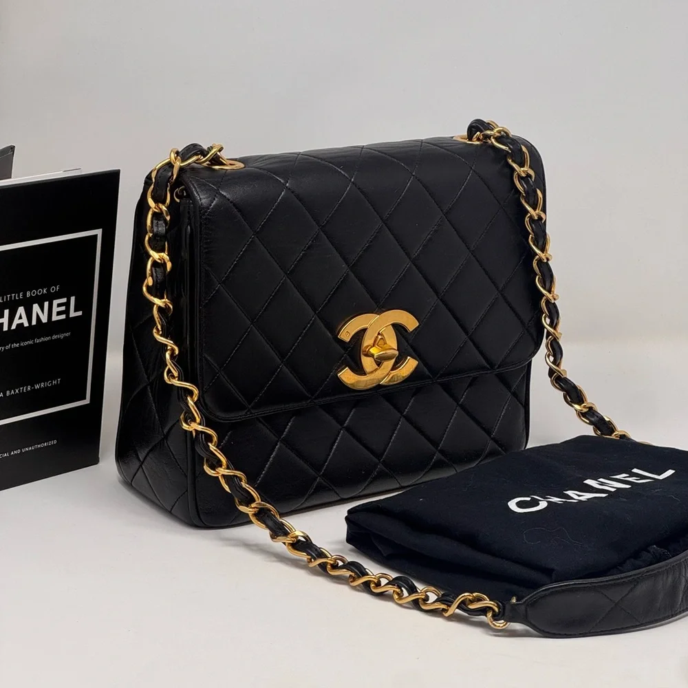 💯💎Authentic💎CHANEL Rare Black Lambskin XL CC Quilted Flap Bag 24k GP Hardware